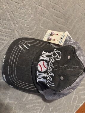 Baseball Mom Distressed Trucker Hat - Dark Grey & White and earrings